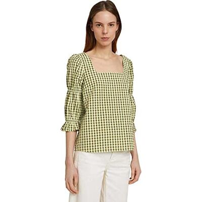 TOM TAILOR Denim Damer Blus med rutmönster 1030125, 28949 Small Green Check, XS TOM TAILOR Denim Damer Blus med rutmönster 1030125, 28949 Small Green Check, XS