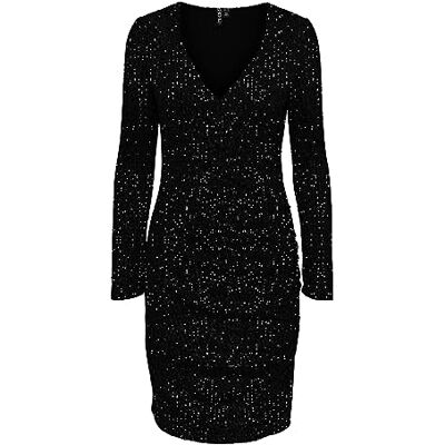 PIECES Pcdelphia Ls New Wrap klänning, Svart/detalj: svarta sequins, S PIECES Pcdelphia Ls New Wrap klänning, Svart/detalj: svarta sequins, S
