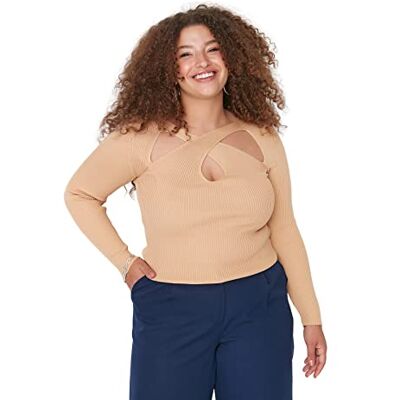 Trendyol Dam V-hals vanlig bodycon plus size tröja sweatshirt, Camel, 5XL Trendyol Dam V-hals vanlig bodycon plus size tröja sweatshirt, Camel, 5XL