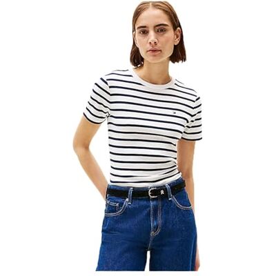 Tommy Hilfiger dam-t-shirt kortärmad smal Cody rund hals, Blå (Breton Dark Night Navy Stp), XS Tommy Hilfiger dam-t-shirt kortärmad smal Cody rund hals, Blå (Breton Dark Night Navy Stp), XS