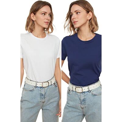 Trendyol Kvinnors marinblå 100% bomull Suprem Bike Collar 2 Package Basic stickad T-shirt, Lacivert-vit, M Trendyol Kvinnors marinblå 100% bomull Suprem Bike Collar 2 Package Basic stickad T-shirt, Lacivert-vit, M