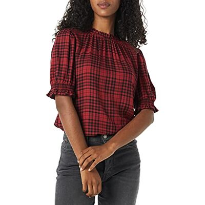 Amazon Essentials kvinnors flytande twill kortärmad puff ärm smock detalj skjorta, svart röd medium pläd, X-Large Amazon Essentials kvinnors flytande twill kortärmad puff ärm smock detalj skjorta, svart röd medium pläd, X-Large