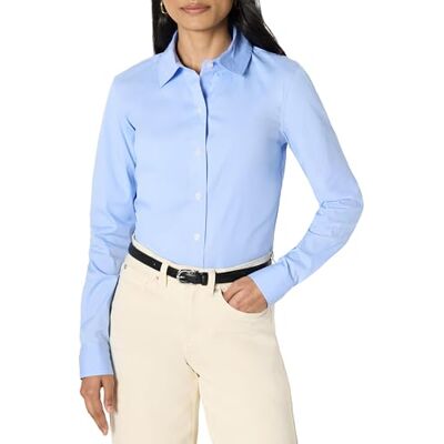 Amazon Essentials Dam Slim-Fit Stretch Poplin skjorta med knappar, Puderblå, S Amazon Essentials Dam Slim-Fit Stretch Poplin skjorta med knappar, Puderblå, S