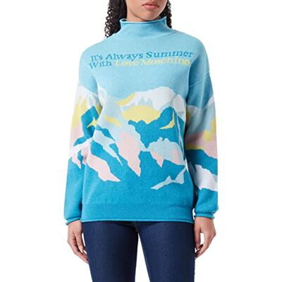 Love Moschino Dam långärmad turtleneck med berg jacquard intarsia tröja tröja, Himmel, 38 SE Love Moschino Dam långärmad turtleneck med berg jacquard intarsia tröja tröja, Himmel, 38 SE