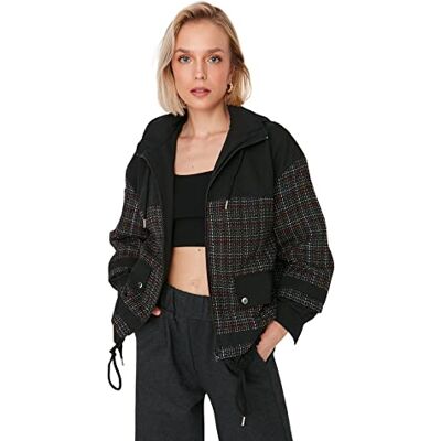 Trendyol Dam svart tweed Fabric Detailed Hooded Oversize Mont Coat, svart, S Trendyol Dam svart tweed Fabric Detailed Hooded Oversize Mont Coat, svart, S