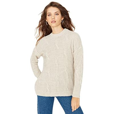 Trendyol Dam rund hals kabelstickad vanlig tröja sweatshirt, beige, S, BEIgE Trendyol Dam rund hals kabelstickad vanlig tröja sweatshirt, beige, S, BEIgE