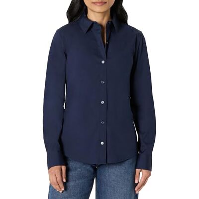 Amazon Essentials damklänning med normal passform stretch poplin skjorta med knappar, Marinblått Xsp, XL Amazon Essentials damklänning med normal passform stretch poplin skjorta med knappar, Marinblått Xsp, XL