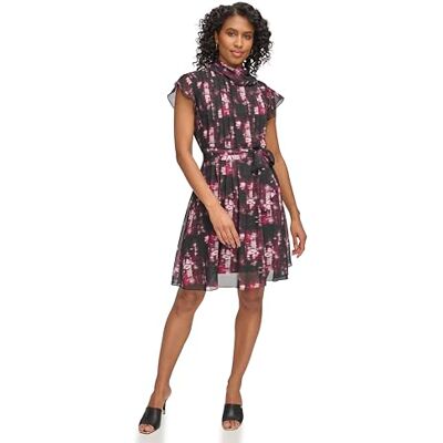 DKNY Dam flutterärm mock neck klänning, svart/rödbrun, 10, Svart/rödbrun, 42 DKNY Dam flutterärm mock neck klänning, svart/rödbrun, 10, Svart/rödbrun, 42