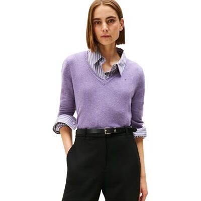 Tommy Hilfiger Dam mjuk ull V-NK LS tröja WW0WW43505 pullover tröja, lila, XXL, Lila (Lilac Heather), XXL Tommy Hilfiger Dam mjuk ull V-NK LS tröja WW0WW43505 pullover tröja, lila, XXL, Lila (Lilac Heather), XXL