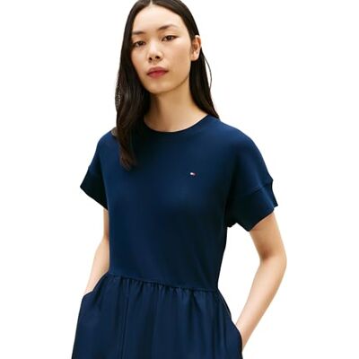 Tommy Hilfiger Cody Mix Media C-Nk Midi-klänning WW0WW51148, blå, XL Tommy Hilfiger Cody Mix Media C-Nk Midi-klänning WW0WW51148, blå, XL