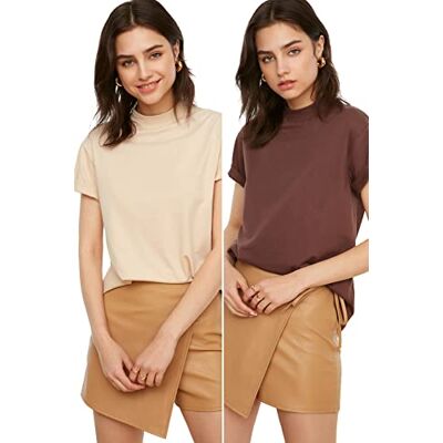 Trendyol Kvinnors brun upprätt krage 2-pack basic stickad t-shirt, brun beige, extra liten Trendyol Kvinnors brun upprätt krage 2-pack basic stickad t-shirt, brun beige, extra liten