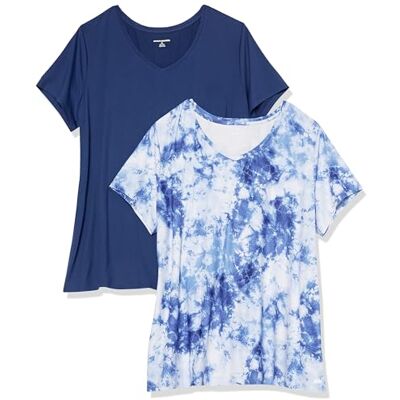 Amazon Essentials Dames Tech stretchig kortärmad V-ringad T-shirt (finns i plusstorlek), 2-Pack, Marinblå/Vit Tie-dye, L Amazon Essentials Dames Tech stretchig kortärmad V-ringad T-shirt (finns i plusstorlek), 2-Pack, Marinblå/Vit Tie-dye, L