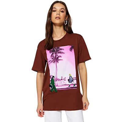Trendyol Kvinna pojkvän bas stickad T-shirt med rund hals, brun, L, Brun, L Trendyol Kvinna pojkvän bas stickad T-shirt med rund hals, brun, L, Brun, L