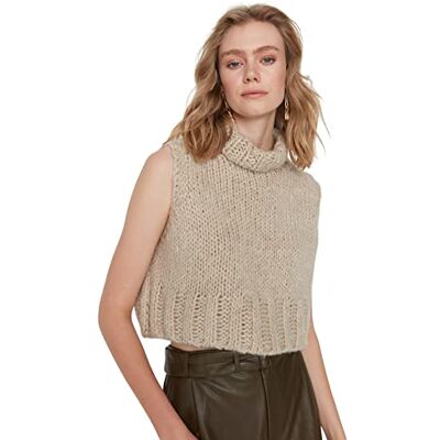 Trendyol Dam vanlig basic polotröja stickad tröja, sten, M Trendyol Dam vanlig basic polotröja stickad tröja, sten, M