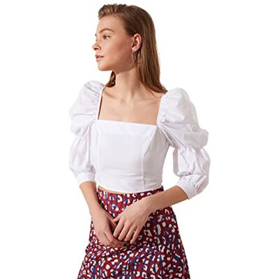 Trendyol Kvinnors vita handtag Shirred Square krage blus blus, vit, 34 Trendyol Kvinnors vita handtag Shirred Square krage blus blus, vit, 34
