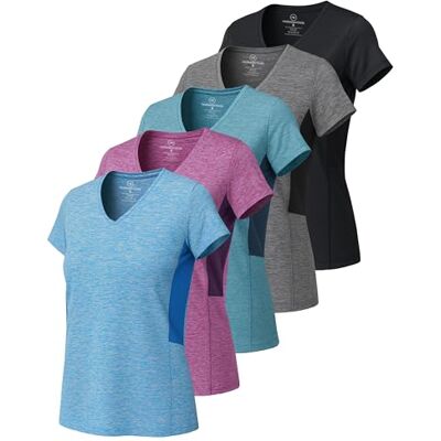 Real Essentials 5-pack: Kortärmad v-ringad t-shirt, träningskläder, dry-fit, vätskeavledande, yogatopp för kvinnor (finns i plusstorlek), Uppsättning av 4, L Real Essentials 5-pack: Kortärmad v-ringad t-shirt, träningskläder, dry-fit, vätskeavledande, yogatopp för kvinnor (finns i plusstorlek), Uppsättning av 4, L
