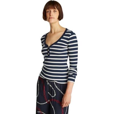 Tommy Hilfiger dam slim HENLEY GB SCOOP-NK LS WW0WW43905, blå, XXL, Blå (mörk natt marinblå/Calico Stp), XXL Tommy Hilfiger dam slim HENLEY GB SCOOP-NK LS WW0WW43905, blå, XXL, Blå (mörk natt marinblå/Calico Stp), XXL