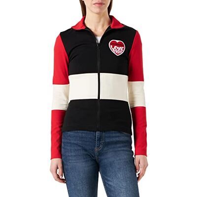 Love Moschino Dragkedja i viskos super stretch jersey, anpassad med broderad storm stickad effekt hjärtlapp damjacka, Svart vit röd, 36 Love Moschino Dragkedja i viskos super stretch jersey, anpassad med broderad storm stickad effekt hjärtlapp damjacka, Svart vit röd, 36