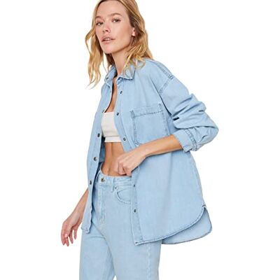 Trendyol Dam vanlig standard skjorta krage denim skjorta, BLÅ, XS Trendyol Dam vanlig standard skjorta krage denim skjorta, BLÅ, XS
