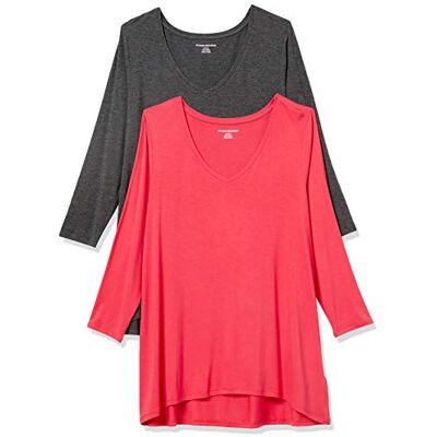 Amazon Essentials Women's V-ringad Swing T-shirt med kvartsärmar (finns i plusstorlek), Pack of 2, Kolsvart ljung/Röd, XXL Amazon Essentials Women's V-ringad Swing T-shirt med kvartsärmar (finns i plusstorlek), Pack of 2, Kolsvart ljung/Röd, XXL