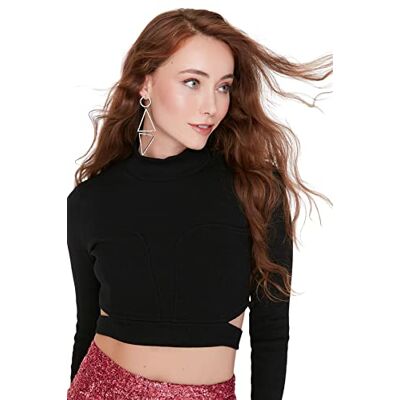 Trendyol Dam blus med rund urringning, enfärgad, svart, 40 Trendyol Dam blus med rund urringning, enfärgad, svart, 40