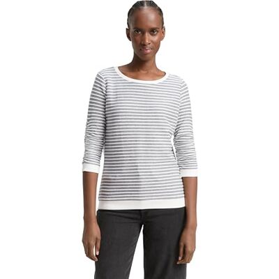 TOM TAILOR Denim dam sweatshirt med volanger och randigt mönster, 26032-blå vit strukturerad remsa, S TOM TAILOR Denim dam sweatshirt med volanger och randigt mönster, 26032-blå vit strukturerad remsa, S