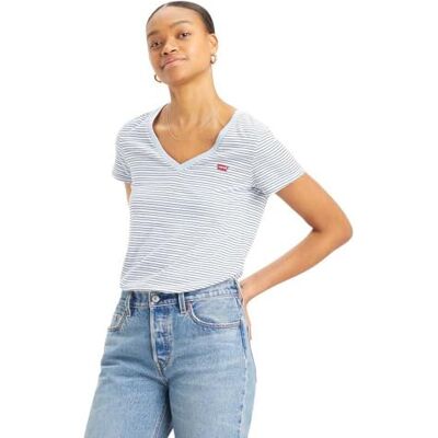 Levi's The Perfect V-ringad T-shirt för kvinnor, Chesthit-logotyp, Penny Stripe Kentucky Blue, S Levi's The Perfect V-ringad T-shirt för kvinnor, Chesthit-logotyp, Penny Stripe Kentucky Blue, S
