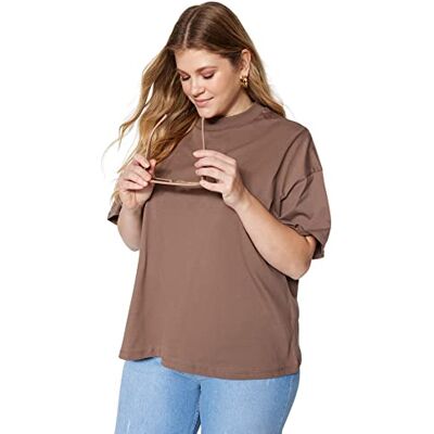 Trendyol Dam överdimensionerad basic rund hals stickad plus size t-shirt, Brun, 3XL Trendyol Dam överdimensionerad basic rund hals stickad plus size t-shirt, Brun, 3XL