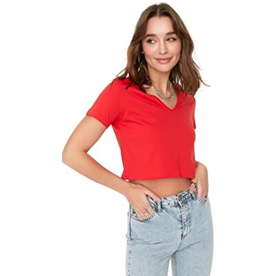 Trendyol Dam basic normal standard v-hals vävd T-shirt, Röd, XS Trendyol Dam basic normal standard v-hals vävd T-shirt, Röd, XS
