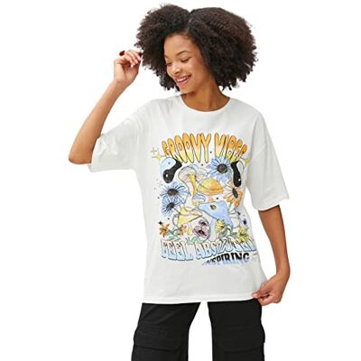 Koton dam rund hals tryckt kortärmad bomull t-shirt, Ecru (010), XS Koton dam rund hals tryckt kortärmad bomull t-shirt, Ecru (010), XS