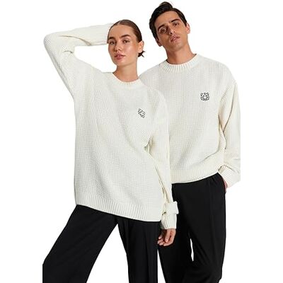 Trendyol Unisex överdimensionerad enkel rund hals stickad tröja, Ecru, M, Ecru, M Trendyol Unisex överdimensionerad enkel rund hals stickad tröja, Ecru, M, Ecru, M