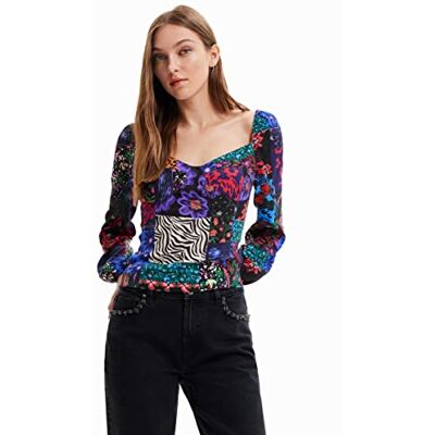 Desigual Kvinnors blå_patch blommor 2000 svart blus, XL, svart, XL Desigual Kvinnors blå_patch blommor 2000 svart blus, XL, svart, XL