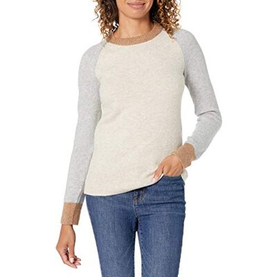 Amazon Essentials dam klassisk passform mjuk beröring långärmad tröja med rund hals, grå havregryn ljung färgblock, liten Amazon Essentials dam klassisk passform mjuk beröring långärmad tröja med rund hals, grå havregryn ljung färgblock, liten