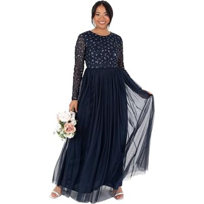 Maya Deluxe dam dam dam maxi långärmad rund hals paljett Embellished tyll blommig A-linje för tillfällen bal balklänning klänning, marinblå, 40 Maya Deluxe dam dam dam maxi långärmad rund hals paljett Embellished tyll blommig A-linje för tillfällen bal balklänning klänning, marinblå, 40