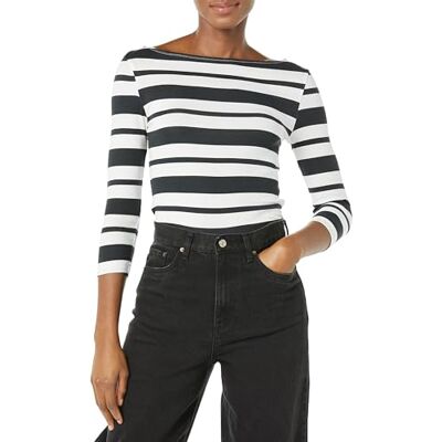 Amazon Essentials Women's T-shirt med smal passform och kvartsärmar med båtringning, Svart Vit Placerad rand, XS Amazon Essentials Women's T-shirt med smal passform och kvartsärmar med båtringning, Svart Vit Placerad rand, XS