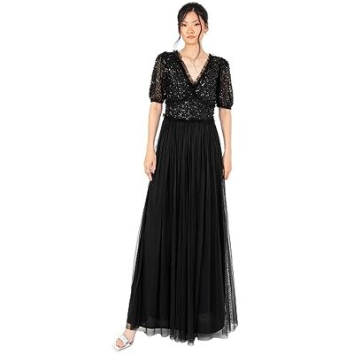 Maya Deluxe kvinnor kvinnor maxi kvinnor V-hals kortärmad paljett Embellished tyll ruffle for bröllop gäst bridesmaid boll klänning, svart, 44 Maya Deluxe kvinnor kvinnor maxi kvinnor V-hals kortärmad paljett Embellished tyll ruffle for bröllop gäst bridesmaid boll klänning, svart, 44