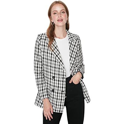 Trendyol Dam vanlig basic pläd tyg blazer rock, svart, 34 Trendyol Dam vanlig basic pläd tyg blazer rock, svart, 34
