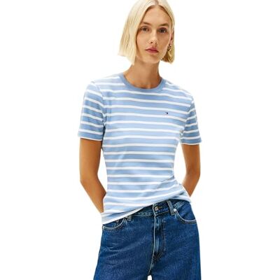 Tommy Hilfiger Dam Slim Cody C-NK SS WW0WW40587 S/S t-shirt, blå (klart vatten/Ecru STP), M, Blå (klart vatten/Ecru Stp), M Tommy Hilfiger Dam Slim Cody C-NK SS WW0WW40587 S/S t-shirt, blå (klart vatten/Ecru STP), M, Blå (klart vatten/Ecru Stp), M