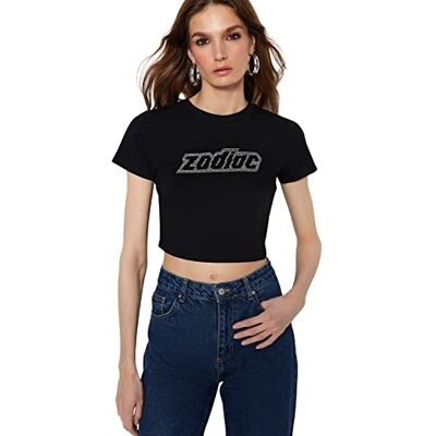 Trendyol Dam smal passform bas stickad T-shirt med rund hals, Svart, L Trendyol Dam smal passform bas stickad T-shirt med rund hals, Svart, L