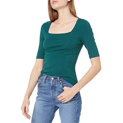 Amazon Essentials Women's T-shirt med smal passform med halvärm och fyrkantig hals, Mörkgrön, XS Amazon Essentials Women's T-shirt med smal passform med halvärm och fyrkantig hals, Mörkgrön, XS