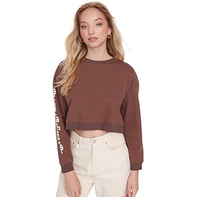 Trendyol Dam vanlig basic rund hals stickad tröja, Brun, L Trendyol Dam vanlig basic rund hals stickad tröja, Brun, L