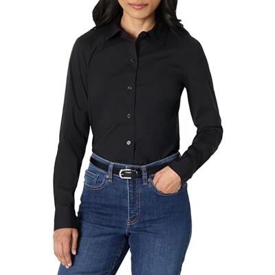 Amazon Essentials Dam Slim-Fit Stretch Poplin skjorta med knappar, Svart, XL Amazon Essentials Dam Slim-Fit Stretch Poplin skjorta med knappar, Svart, XL