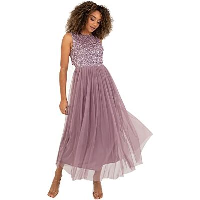 Maya Deluxe Midaxi damklänning, ärmlösa paljetter, hög imperium, midja, tyll, utsmyckad för bröllop, gästboll, brudtärna, Moody Lilac, 46 Maya Deluxe Midaxi damklänning, ärmlösa paljetter, hög imperium, midja, tyll, utsmyckad för bröllop, gästboll, brudtärna, Moody Lilac, 46