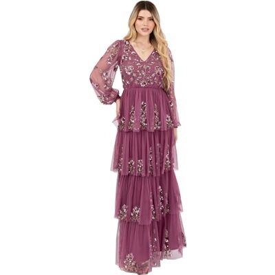 Maya Deluxe Dam Maxi Klänning Dam V-Neck Lång Blouson Sleeve Floral Sequin Embellished A-Line Tiered Kjol Tyll Keyhole Dam, rosor, 38 Maya Deluxe Dam Maxi Klänning Dam V-Neck Lång Blouson Sleeve Floral Sequin Embellished A-Line Tiered Kjol Tyll Keyhole Dam, rosor, 38