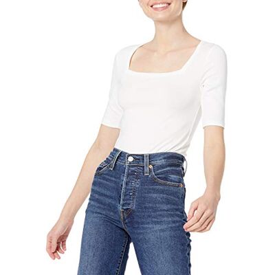Amazon Essentials Women's T-shirt med smal passform med halvärm och fyrkantig hals, Ljust vit, M Amazon Essentials Women's T-shirt med smal passform med halvärm och fyrkantig hals, Ljust vit, M