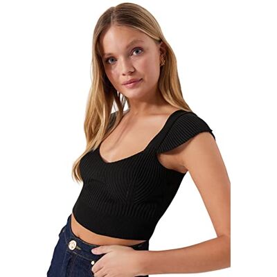 Trendyol Dam Slim Fit Bodycon Rund hals Stickat Blus Skjorta, Svart, S Trendyol Dam Slim Fit Bodycon Rund hals Stickat Blus Skjorta, Svart, S