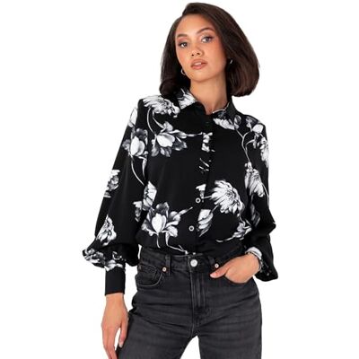 Lovedrobe överdimensionerad damtröja satin blus topp knappar långärmad blommönster monokrom smart vardaglig kontorskläder, svart 8, Svart, 34 SE Lovedrobe överdimensionerad damtröja satin blus topp knappar långärmad blommönster monokrom smart vardaglig kontorskläder, svart 8, Svart, 34 SE