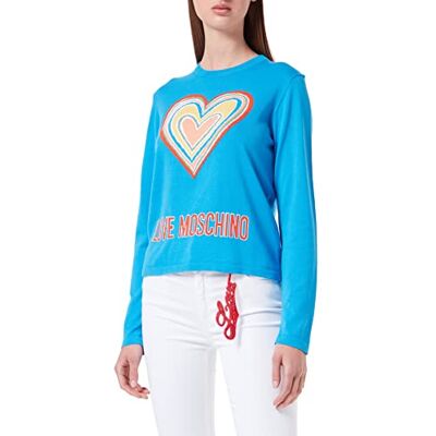 Love Moschino Damer Maxi Multicolor hjärta och Istitutional Logo Intarsia. Tröja, ljusblå, 46 SE Love Moschino Damer Maxi Multicolor hjärta och Istitutional Logo Intarsia. Tröja, ljusblå, 46 SE