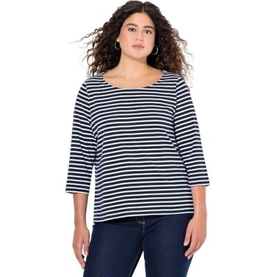 Ulla Popken dam stora storlekar plus size randig tröja, klassisk passform, rund hals, 3/4-arm 837114, marinblå, 58-60 Ulla Popken dam stora storlekar plus size randig tröja, klassisk passform, rund hals, 3/4-arm 837114, marinblå, 58-60