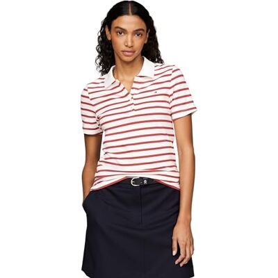 Tommy Hilfiger Dampikétröja, kortärmad randig slim fit, Vit (Breton Stp/Ecru/Terra Red), 3XL plus size Tommy Hilfiger Dampikétröja, kortärmad randig slim fit, Vit (Breton Stp/Ecru/Terra Red), 3XL plus size